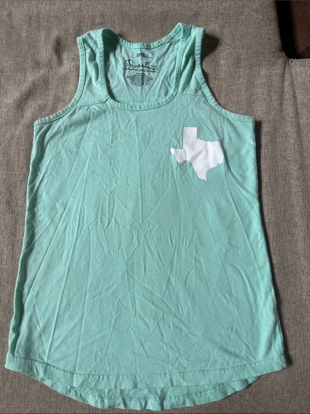 Mint Tank Top with White Texas Graphic on front. Texas tech on back side small